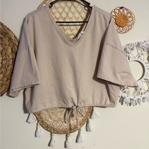 Native Light Taupe V-Neck Drawstring Crop Top